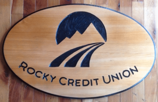 Rocky Credit Union - a custom carved wood sign by Woodpecker Signs