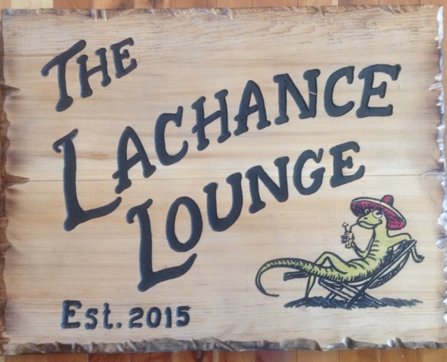 The Lachance Lounge - a custom carved wood sign by Woodpecker Signs