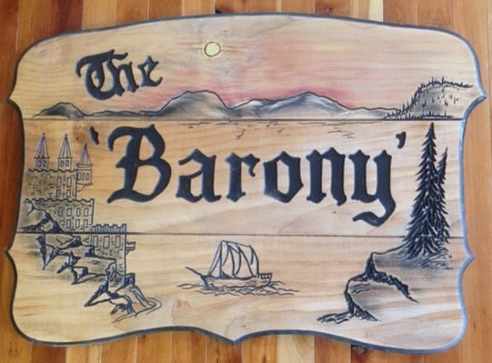 The Barony' - a custom carved wood sign from Woodpecker Signs