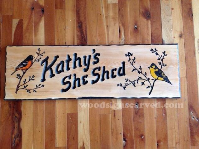 WoodPeckerCarvedSigns-1552 Kathys She Shed - a custom carved cedar wood sign from Woodpecker Signs
