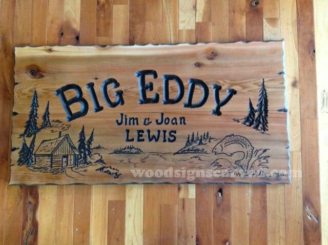 WoodPeckerCarvedSigns-1561 Big Eddy - a custom carved cedar wood sign from Woodpecker Signs